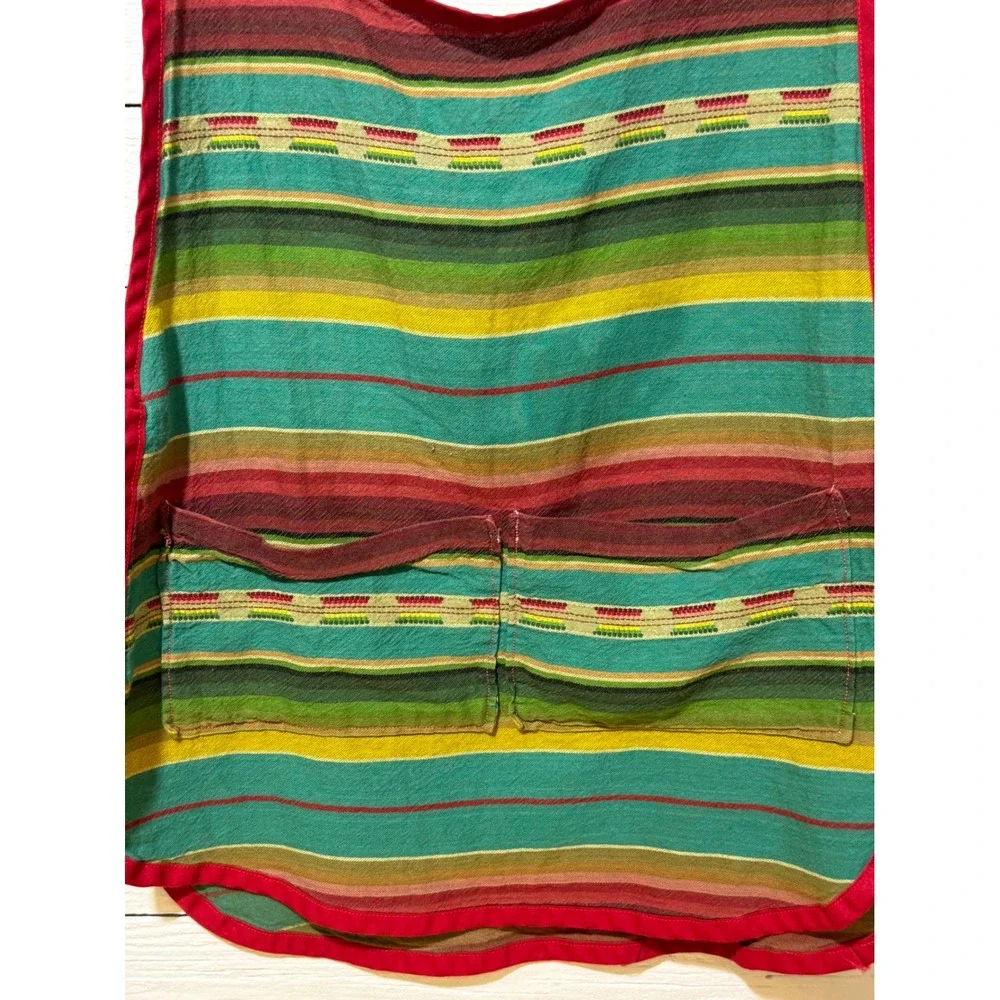 Vintage Striped Tabard Apron Multi Color Woven Bib Front Two Pocket Side Tie